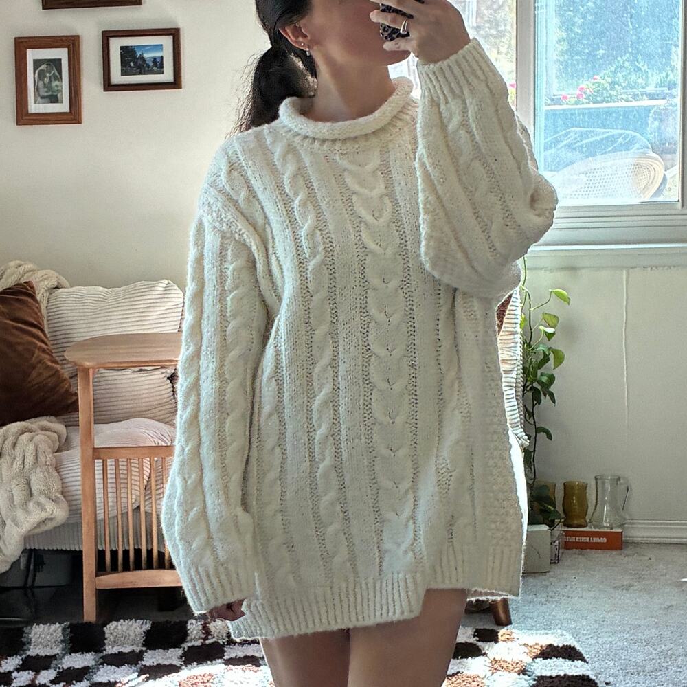 MANGO Cable Knit Chunky Cozy Cream Wool Alpaca Sweater Size S